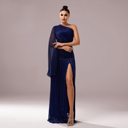 One Shoulder Sparkle Gown | Draped Sleeve & High Slit | Cocktail Dress | noémi