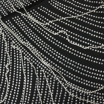 Mesh Panel Milk Silk Dress with Chain Straps and Rhinestone Detail | noémi