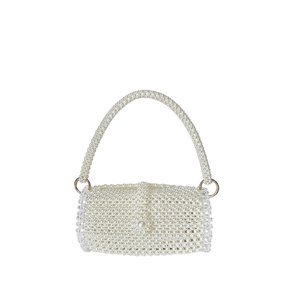 Pearl & Acrylic Beaded Pouch – Mini Phone Bag, Structured Box‑Style, White | noémi