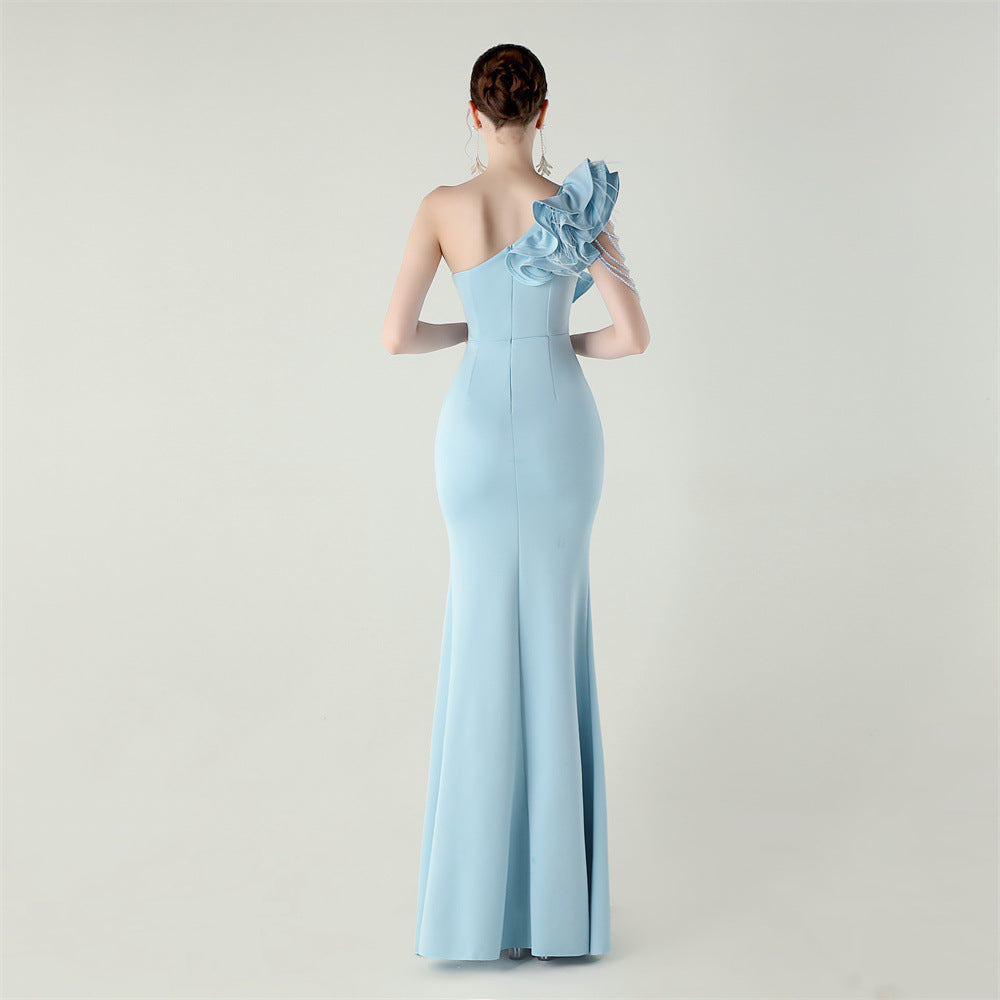 One Shoulder Floral Satin Gown | Beaded Ruffle High Slit | noémi