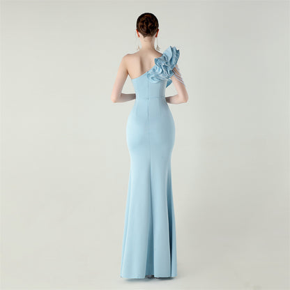 One Shoulder Floral Satin Gown | Beaded Ruffle High Slit | noémi