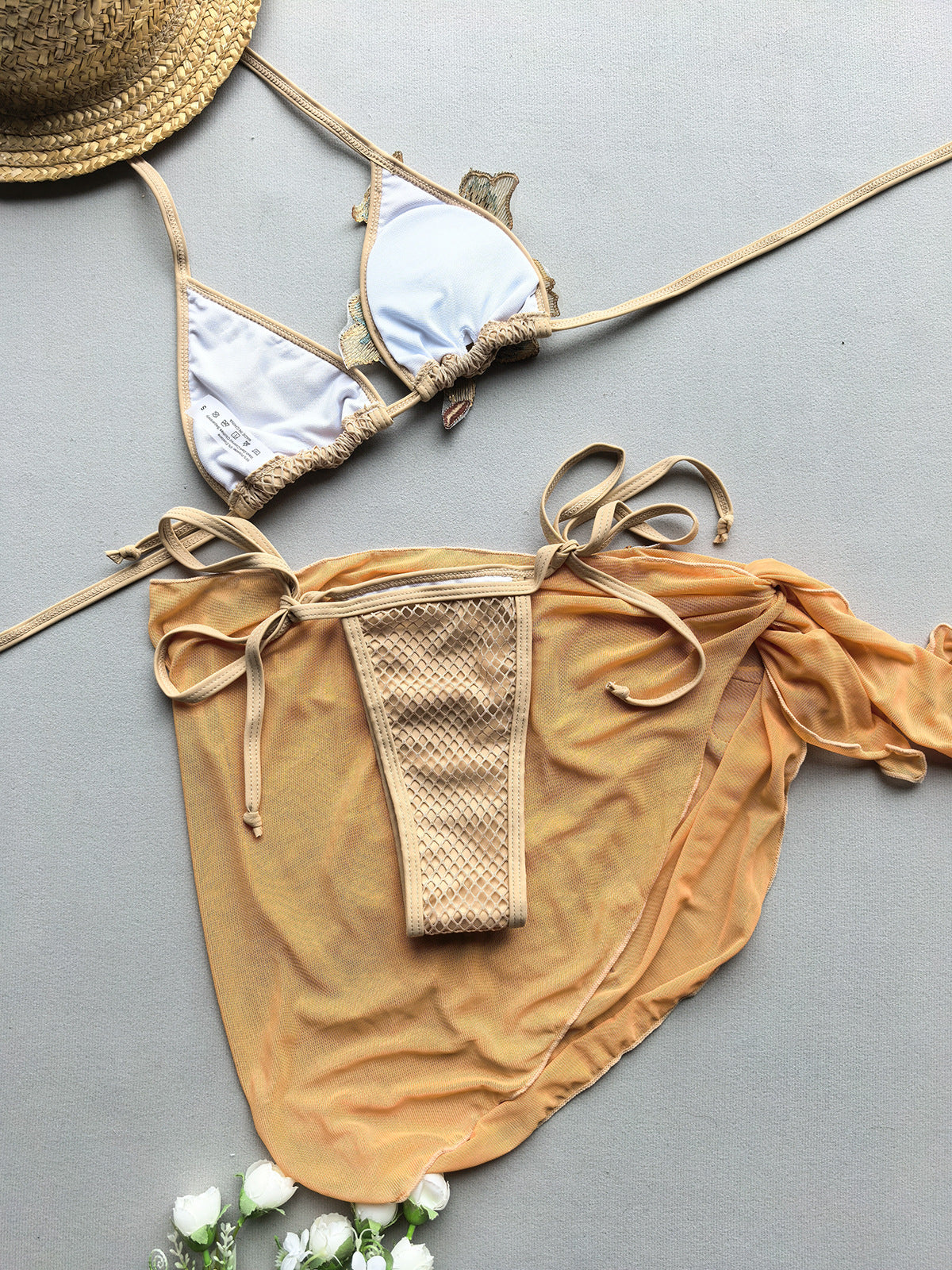 Three Piece Yellow Floral Bikini Set | Crochet Halter Top, Tie Side Bottoms & Mesh Sarong | noémi