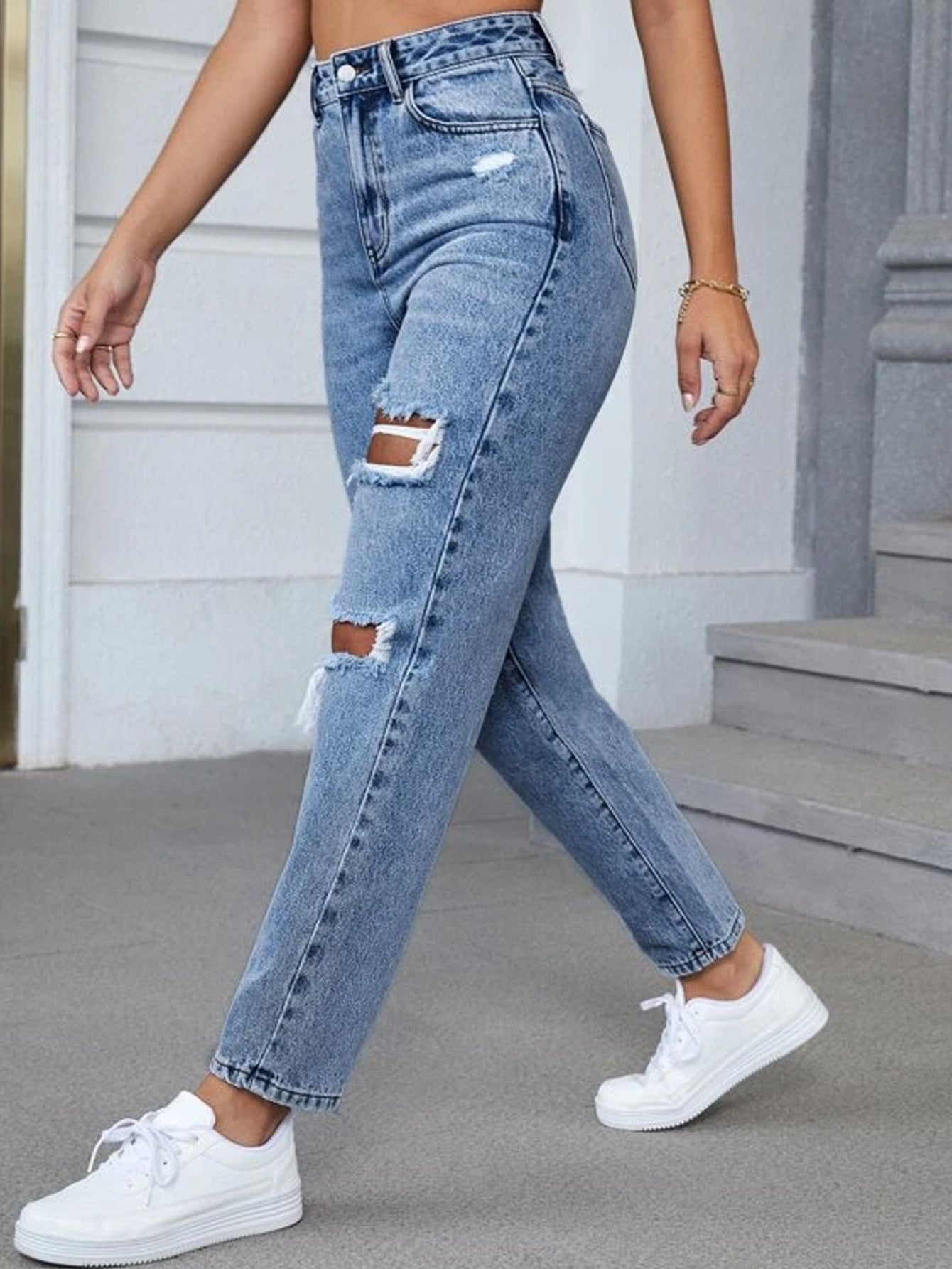 High Waisted Straight Leg Jeans | Light Wash Distressed Denim with Knee Cutouts & Vintage Fit | noémi