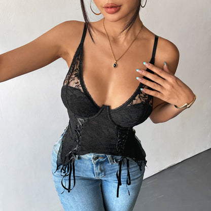 Lace Bustier Top for Women | Double Layer Shaped Strap | Deep V Neck Backless Slim Fit | noémi