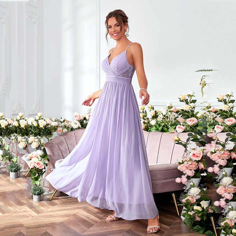 Lavender Spaghetti Strap Gown | Deep VNeck Satin Ball Gown for Women | noémi