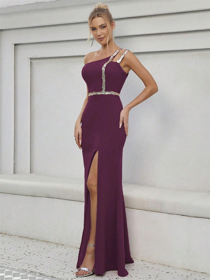 One Shoulder Slit Evening Dress | Metallic Waist Detail | noémi