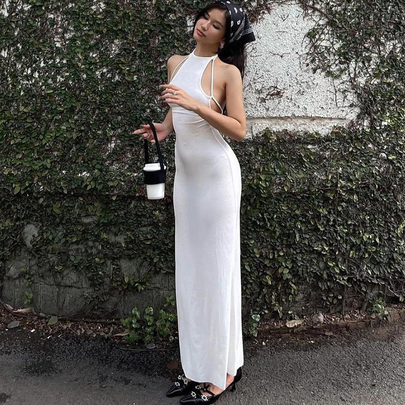 Womens Halter Backless Slim Fit Dress | Solid Color with Open Back and Hip Hugging Design | noémi