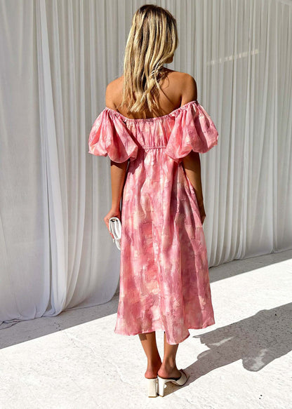 Womens Off Shoulder Floral Midi Dress with Mid Waist | noémi