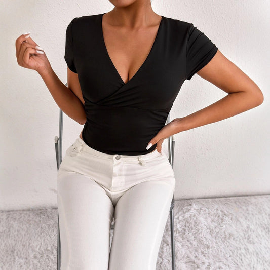 Womens VNeck Slim Fit Wrap Top | Short Sleeve Stretch Tee | noémi
