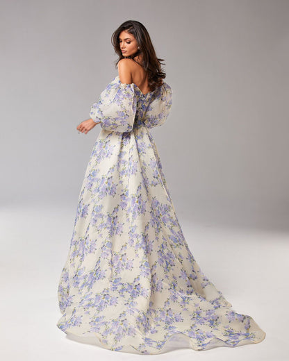Floral Off Shoulder Dress | Split Gown with Puffy Sleeves & Corset Bodice | noémi