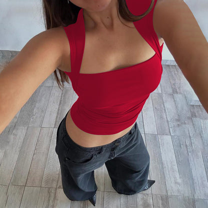 Womens Pleated Square Neck Sleeveless Top | Slim Fit Solid Tank | noémi