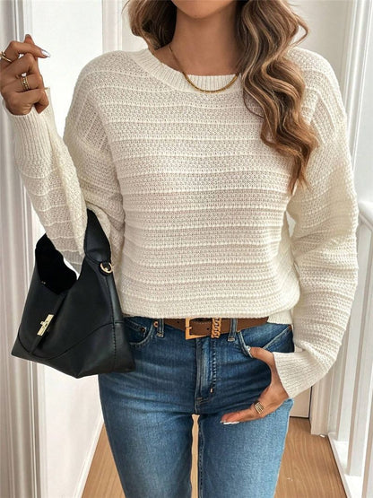 Cream Knit Sweater | Lightweight Pullover with Back Bow Tie & Textured Rib Detail | noémi