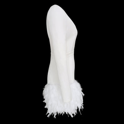 Deep V Feather Trim Sheath Dress | noémi