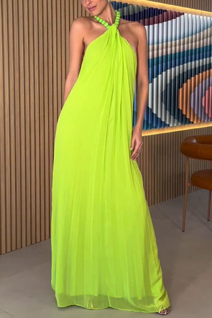 Womens Halter Maxi Dress | Lime Green Chiffon, Pleated, Backless, Flowy Fit | noémi