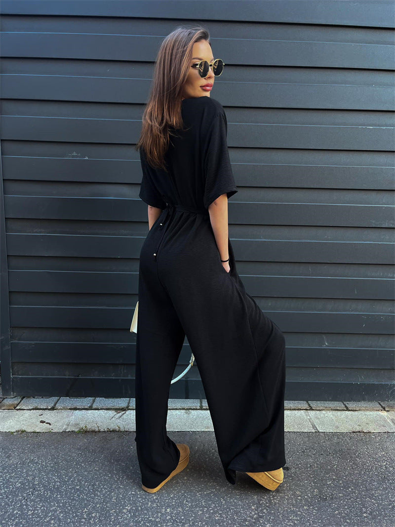 Women's Solid Color One Piece Jumpsuit | Deep V Neck, Tied Waist & Wide Leg Pants | noémi