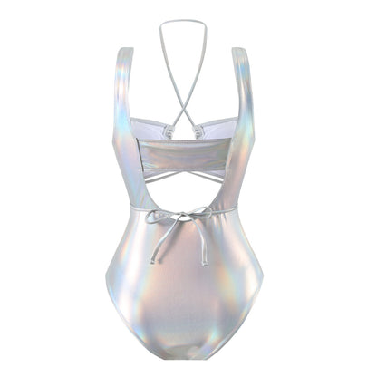 Laser Glossy One Piece Swimsuit with Hollow Drawstring Cutouts | noémi