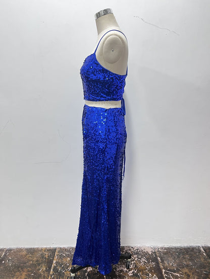 Women’s Sequin Two Piece Set | Lace Up Back Crop Top & Long Skirt | noémi
