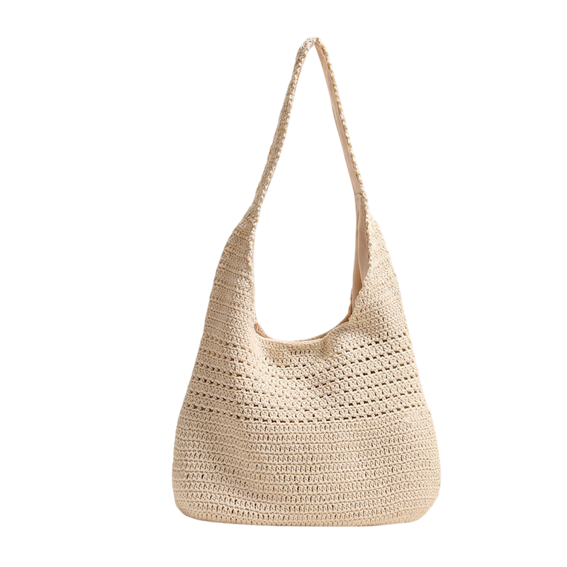 Cotton-Thread Woven Shoulder Tote Bag – Hollow-Out Large Capacity, Coffee Brown | noémi