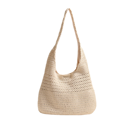 Cotton-Thread Woven Shoulder Tote Bag – Hollow-Out Large Capacity, Coffee Brown | noémi