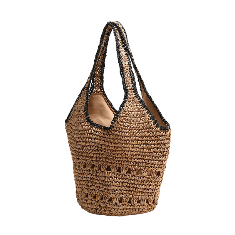 Large-Capacity Straw Shoulder Tote – Hollow-Out Woven, Natural/Black | noémi
