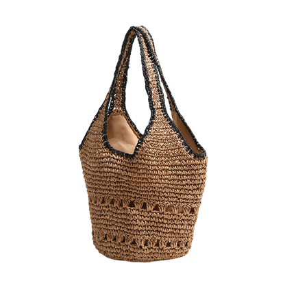 Large-Capacity Straw Shoulder Tote – Hollow-Out Woven, Natural/Black | noémi