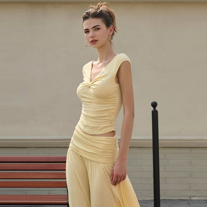 Two Piece Set | V Neck Twist Top & High Waist Pleated Skirt | noémi