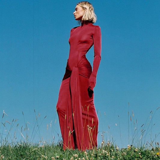 Turtleneck Long Sleeve Lace Up Slim Fit Maxi Dress | noémi