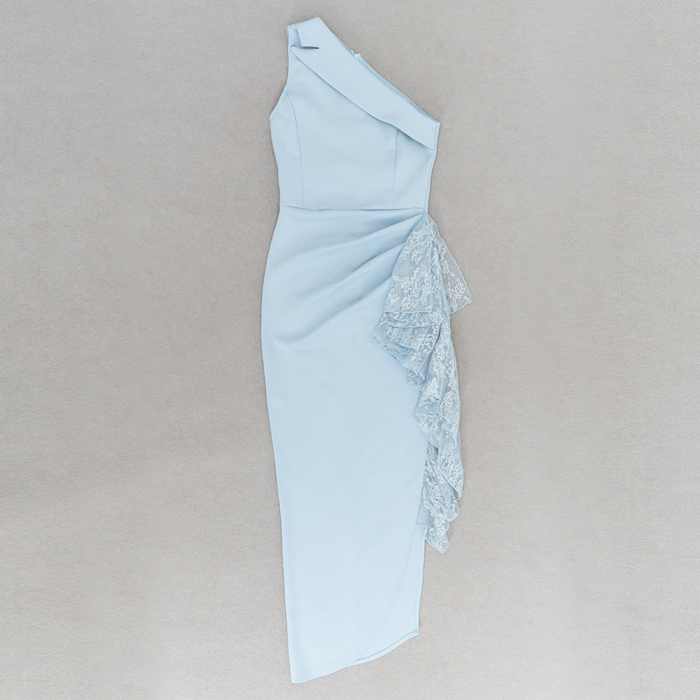 One Shoulder Sleeveless Dress with Side Slit and Lace Stitch Detail | noémi