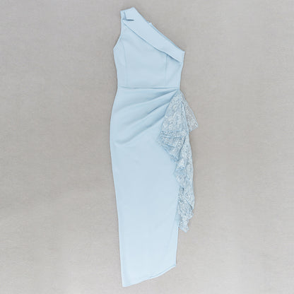 One Shoulder Sleeveless Dress with Side Slit and Lace Stitch Detail | noémi