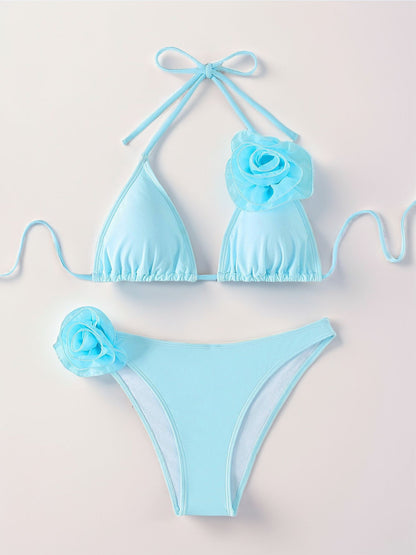 Triangle Cup Bikini Set with Floral Back Detail in Solid Color for Women | noémi