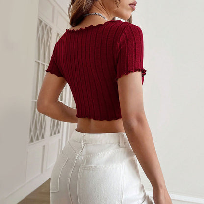 Women TShirt French VNeck Slim Fit Cropped Top | Burgundy | noémi