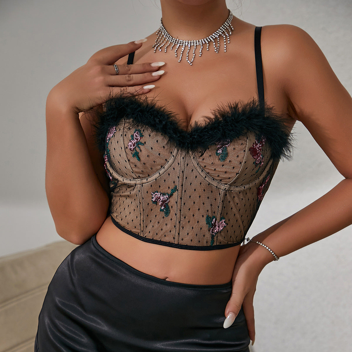 Womens Sheer Mesh Feather Bustier Top | Black Lace Up Crop Top with Embroidery & Faux Fur Trim | noémi