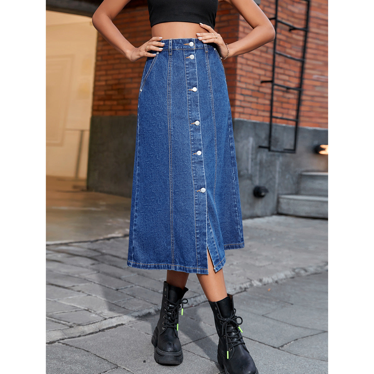 Women’s High Waist Button Denim Skirt with Front Split | noémi