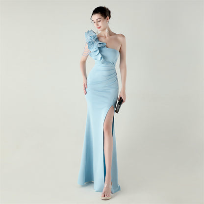 One Shoulder Floral Satin Gown | Beaded Ruffle High Slit | noémi