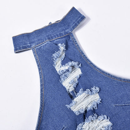 Denim Halter Tassel Jumpsuit | Beggar Style Dress | noémi