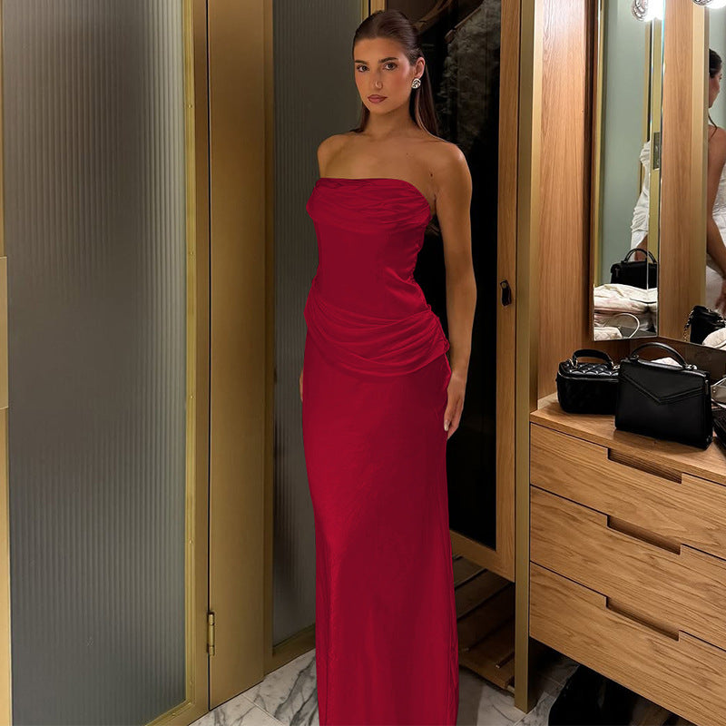 Satin Pleated Slim Tube Top Dress for Women | noémi