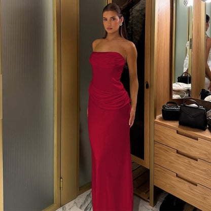 Satin Pleated Slim Tube Top Dress for Women | noémi