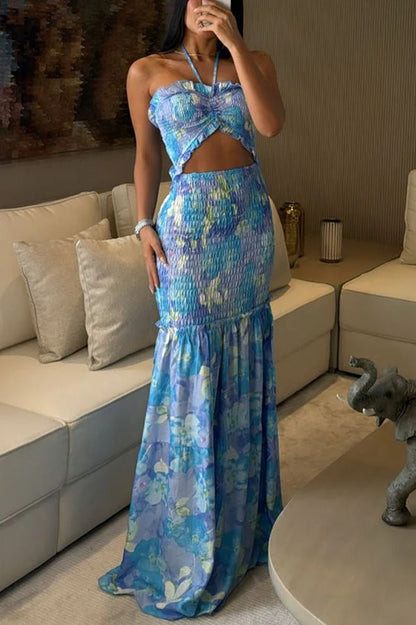 Halterneck Maxi Dress | Floral Print, Pleated Skirt | noémi