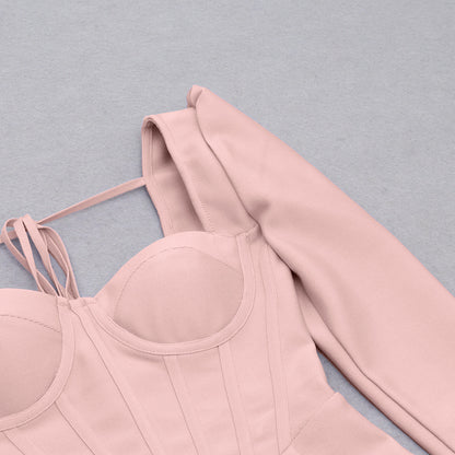 Square Neck Long Sleeve Bandage Dress | Slim Fit One Piece with Hip Length Hem | noémi