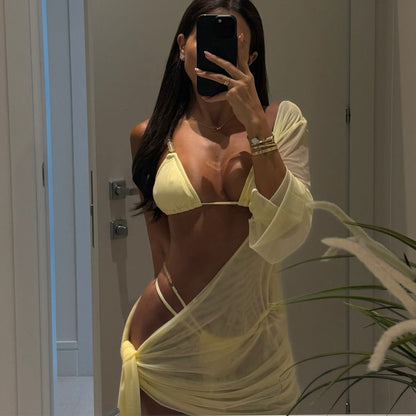 Three Point Low Waist Bikini Set in Solid Color with Back Tie Design for Women | noémi