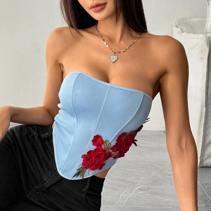 Denim Rose Embroidered Bandeau Corset Top | Lace Up Back, Boning Detail | noémi