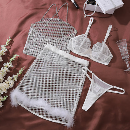 Mesh Feather Trim Body Shaping Suspenders Four Piece Underwear Set with Split Design | noémi
