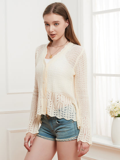 Womens Knitted Hollow Out Lace Cardigan | V Neck Sweater | noémi