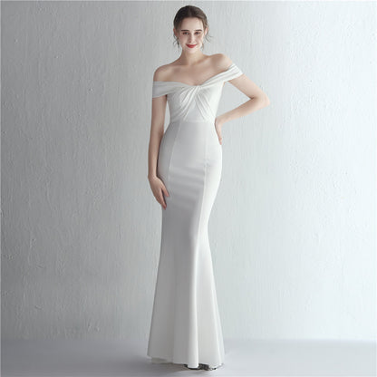 Satin Slim Off Shoulder Fishtail Gown | noémi