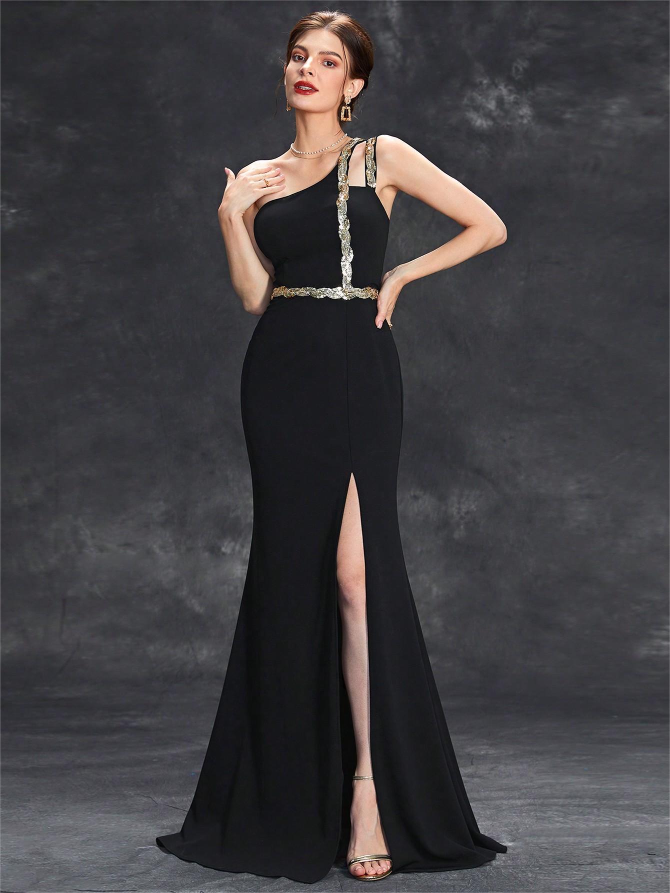 One Shoulder Slit Evening Dress | Metallic Waist Detail | noémi