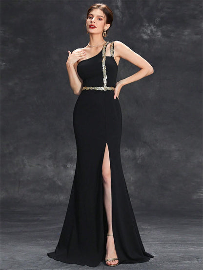 One Shoulder Slit Evening Dress | Metallic Waist Detail | noémi