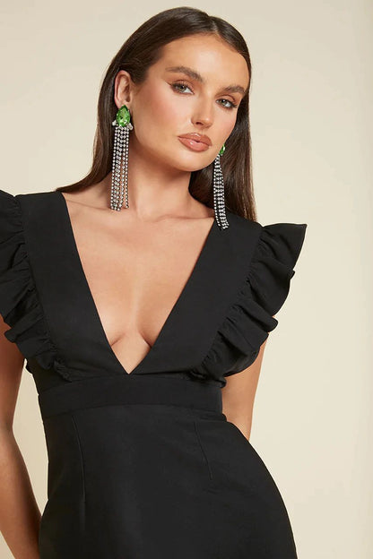 Deep V Neck Flounce Dress | Sleeveless High Waist Slim Fit Design | noémi