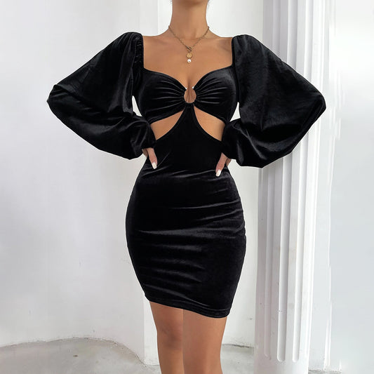 Velvet Puff Sleeve Cutout Waist Sheath Dress With Ring Detail | noémi