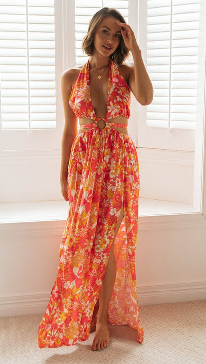 Womens Floral V Neck Maxi Slip Dress | Backless, Split | noémi