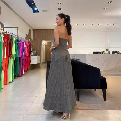 Strapless Pleated TwoPiece Dress Set | Tube Top, Charcoal Gray | noémi